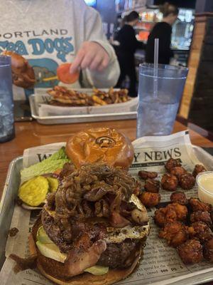 The Sunrise burger with sweet p tots add caramelized onions!