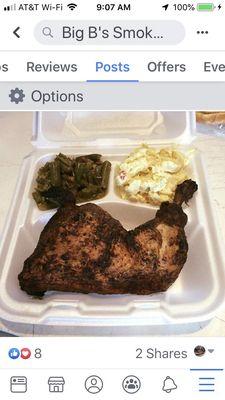 New on our menu this year, chicken leg quarters w/2 sides green beans and potato salad