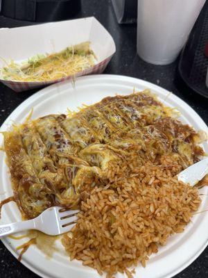 Beef enchiladas and Spanish rice