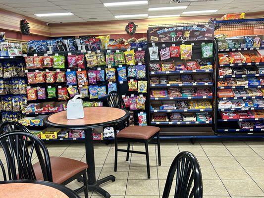 All kinds of snacks...no prices, though. The white stickers you see here are for inventory purposes.