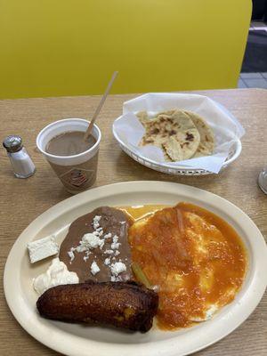 Huevos rancheros, plantains, beans, sour cream and a slice of cheese oh and two warm tortillas plus coffee all for $12.99