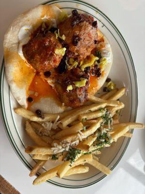 Greek meatball pita with Greek fries.