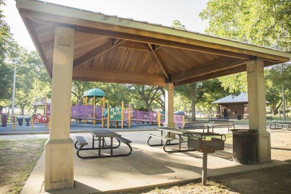 Several pavilions surround the play areas, perfect for birthday parties or picnics.