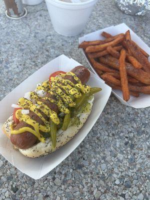 Chicago dog and sweet potato fries