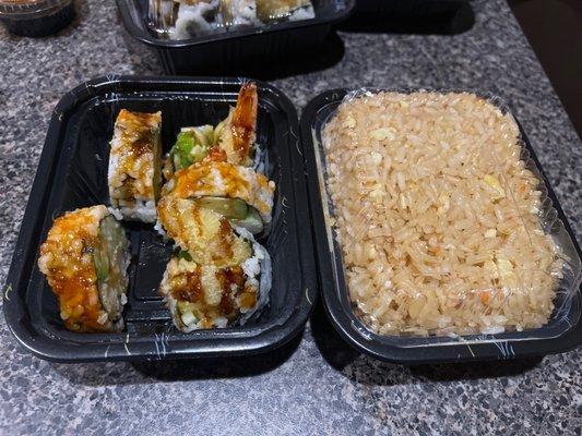 Tempura Sushi (which I accidentally flipped over carrying into house) and side of fried rice