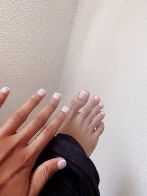 Acrylic overlay hands with gel French tip and gel French tip pedicure