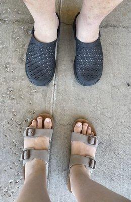 My Maui & Sons Cove Women's Sandals and my fiancé's Skechers Men's Foamies Go Walk 5 - Astonished Clog!