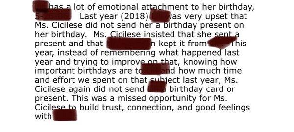 Letter to the courts from Rhonda Barovsky indicating parent did not send a birthday package