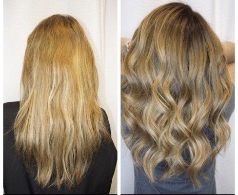 From orange home hair color to beautiful Balayage! Hair color by Shannon Matheny.