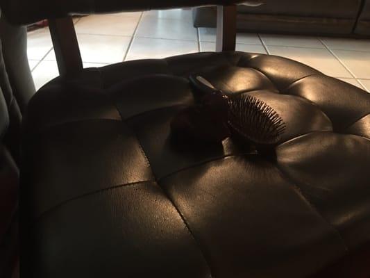 Hairbrush and sock left on living room chair.