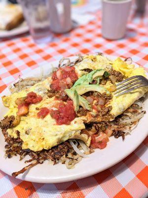 Mexican omelette with hash browns