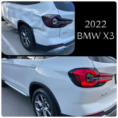 2022 BMW X3 driver quarter panel and rear bumper replacement.