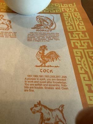 The menu showing me and my daughter's Chinese zodiac, me born in 1969 and her born in 2005