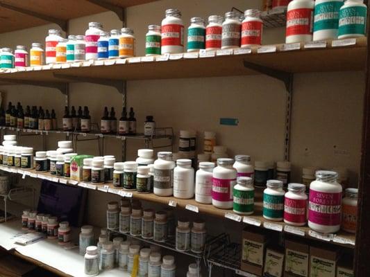 The "herb room" showing a few of the Chinese herbal formulas and supplements available at the clinic.