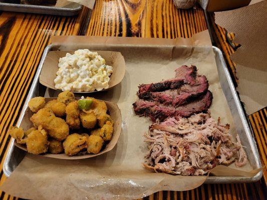 Jalapeno corn, brisket, pulled pork, okra.