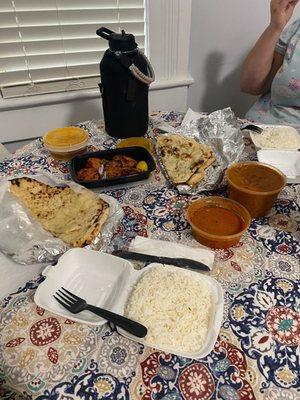 Butter Chicken, Garlic Naan, Cheese Naan, Tikka Masala