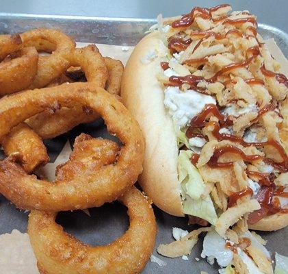 Aggie dog with onion rings.