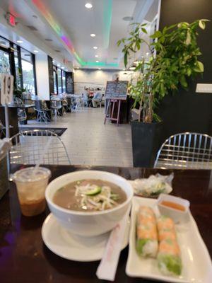 Pho Thai, shrimp spring rolls, iced coffee