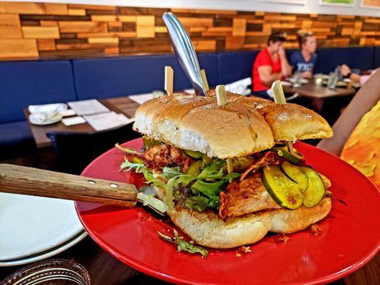 Cake Stand Sliders (Chicken)- Buttermilk brined chicken with pickles, roasted tomato & malt vinegar. HUGE!