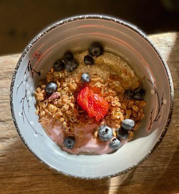 Start your day with the Super Food Bowl, made with acai berry greek yogurt, coconut cream chia pudding, house-made granola, fresh fruit