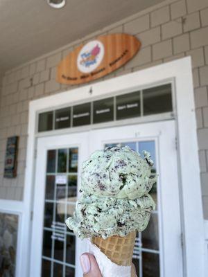 Mint chocolate chip hard pack ice cream on a sugar cone.