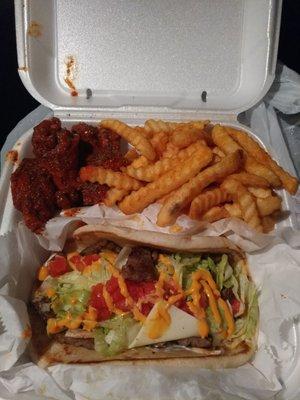 Gyro, hot pepper wing and a order of fries