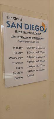 Current Recreation Center hours. It would be great for the community if the rec center was open on Sundays.