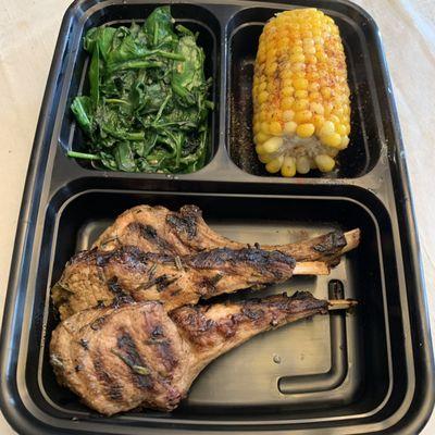 lamb entree w/ corn on the cob and spinach