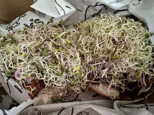 Build your own bagel - onion bialy with angry cream cheese, bacon, onion and sprouts