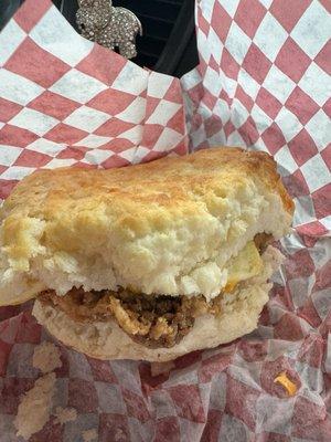 Steak egg and cheese biscuit