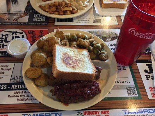 The meatloaf with fried pickles and fried okra as my sides, plus a piece of Texas toast.