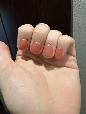 Cut cuticles on pointer, ring, and pinky finger.