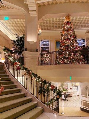 The lobby to the hotel, decked out in Christmas