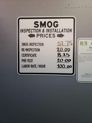 51.75 per smog but with online coupon it brings it down to 40.00 put the door.