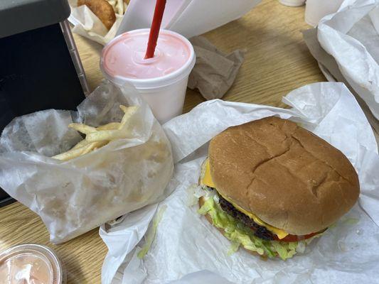 Alpine burger, small fries, small strawberry shake