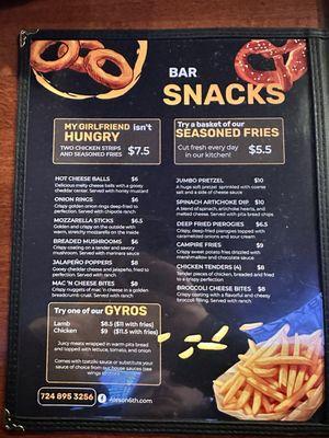 Bar snacks menu page