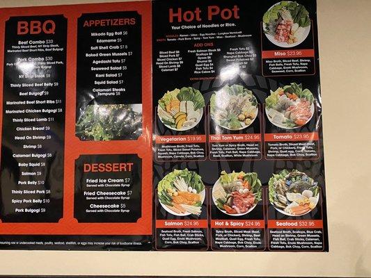 Hot pot and BBQ Menu