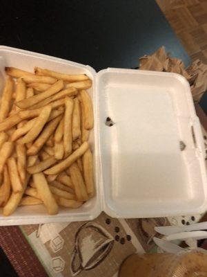 Fries were soggy and box had two holes randomly jabbed into it to make a sloppy presentation.