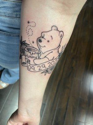 Winnie the Pooh tattoo I got on National Winnie the Pooh day! Dedicated to my son  can't wait to add some color (: