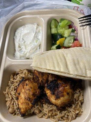 Persian yogurt, Mediterranean salad, mujaddara and chicken kabob with peta bread. Deliciousness!