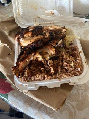 Jerk chicken with Rice & Peas and Steamed Vegetables