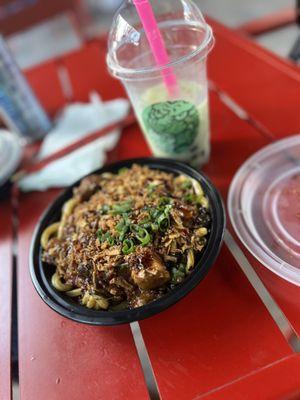 Yaki-Udon Stir Fried Noodles + Honeydew Milk Tea