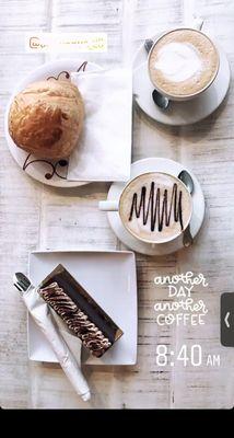 Chocolate cake, mocha latte, chocolate croissant, hazelnut latte