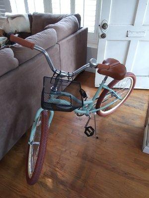 My bike from the top view with a cool basket and a cool Bell just look at the color