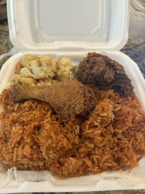 Jollof Rice, Divine Fried Chicken Leg and Thigh, Vegetable Medley