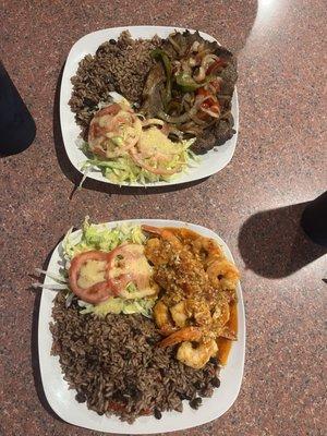 Sautéed shrimp and steak with congris and salad