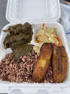 Curry Goat, Rice & Peas, plantains