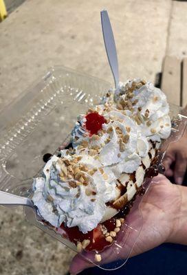 Banana Split with death by chocolate, strawberry, and butter pecan ice cream