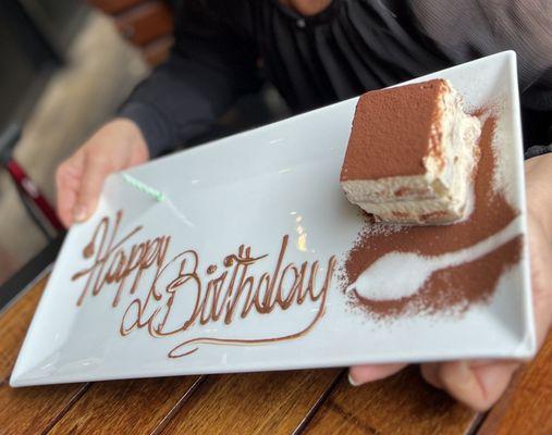 Complimentary Tiramisu birthday cake