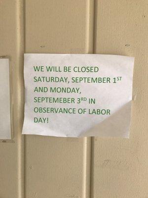 Closed Labor Day wknd